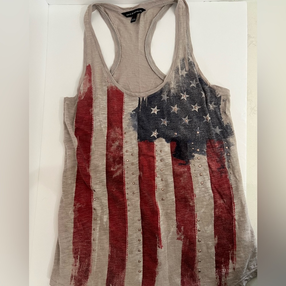Rock & Republic Women’s Tank, Size Small, Grey with Red, White & Blue Flag